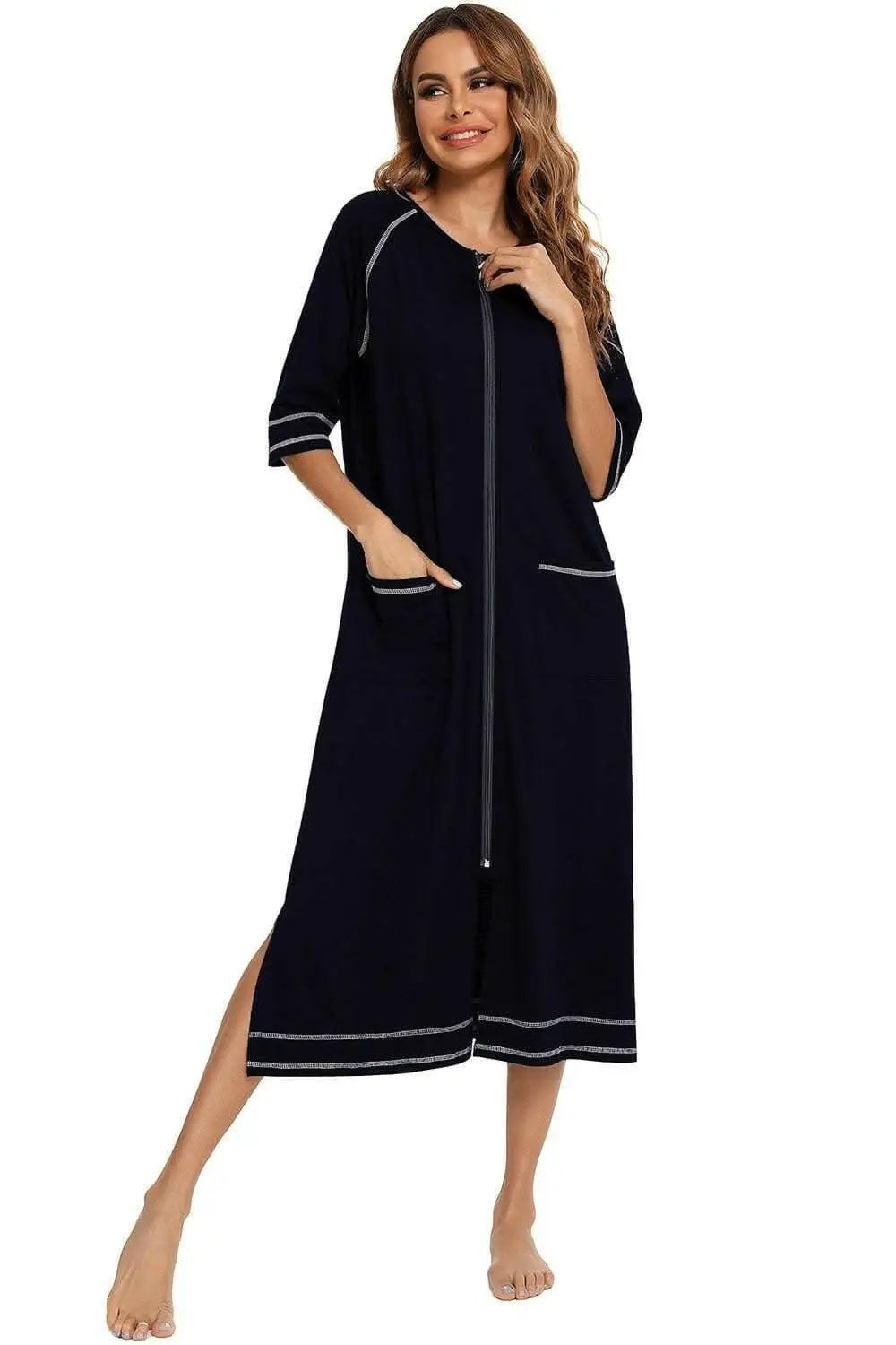 Elegant Zip Night Dress - With Pockets - Comfortable Style