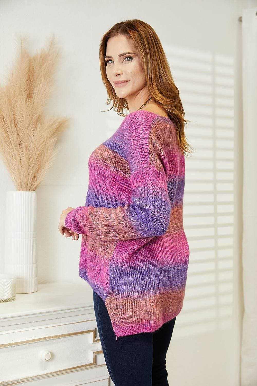 Trendsi Ribbed V-Neck Pullover Sweater Multicolor Women's