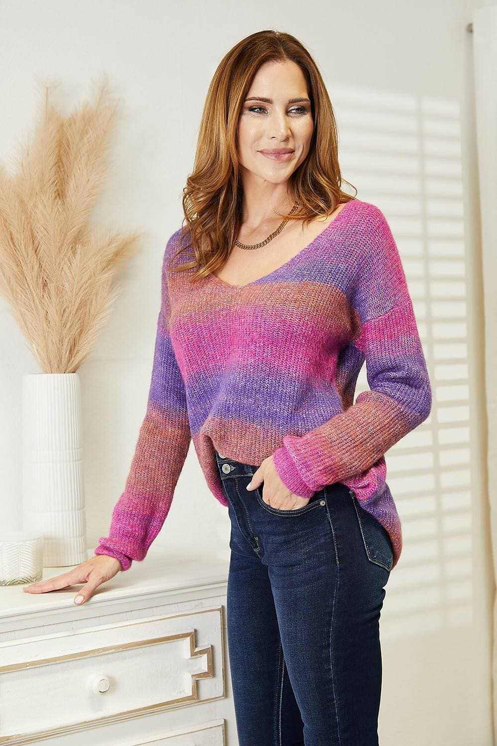 Trendsi Ribbed V-Neck Pullover Sweater Multicolor Women's