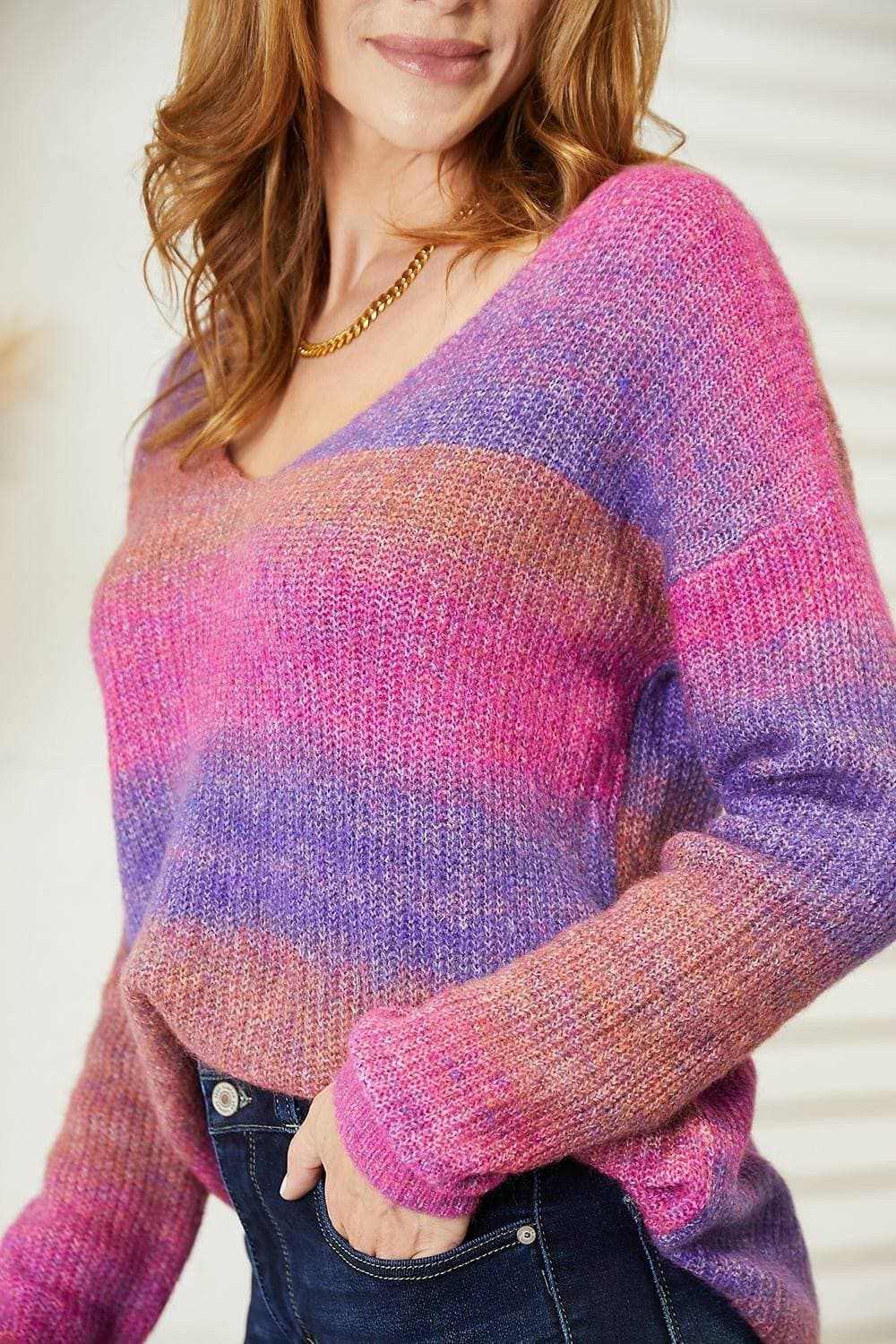 Trendsi Ribbed V-Neck Pullover Sweater Multicolor Women's