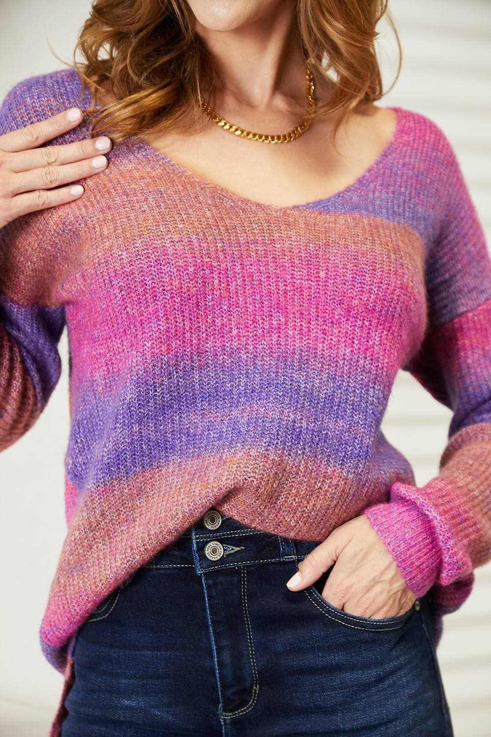 Trendsi Ribbed V-Neck Pullover Sweater Multicolor Women's