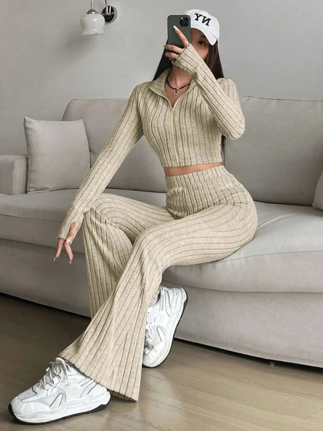 Two-Piece Sets Trendsi Cozy zip-up lounge set for women