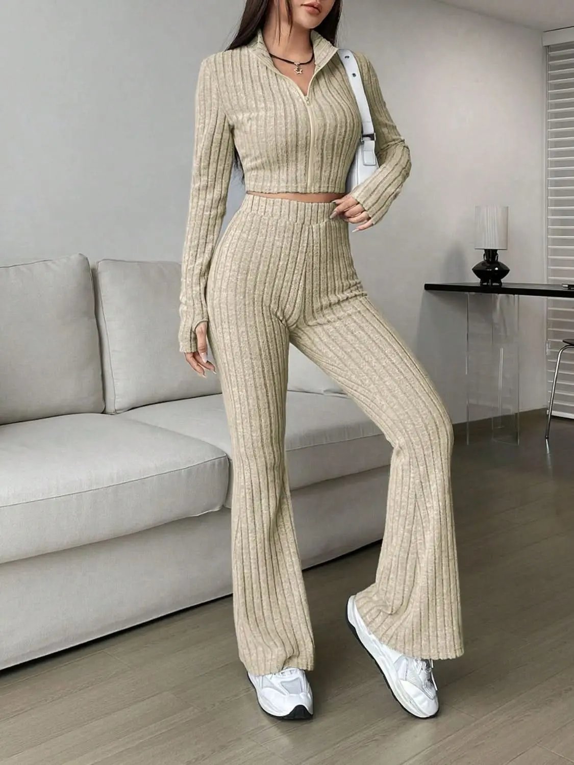 Two-Piece Sets Trendsi Cozy zip-up lounge set for women