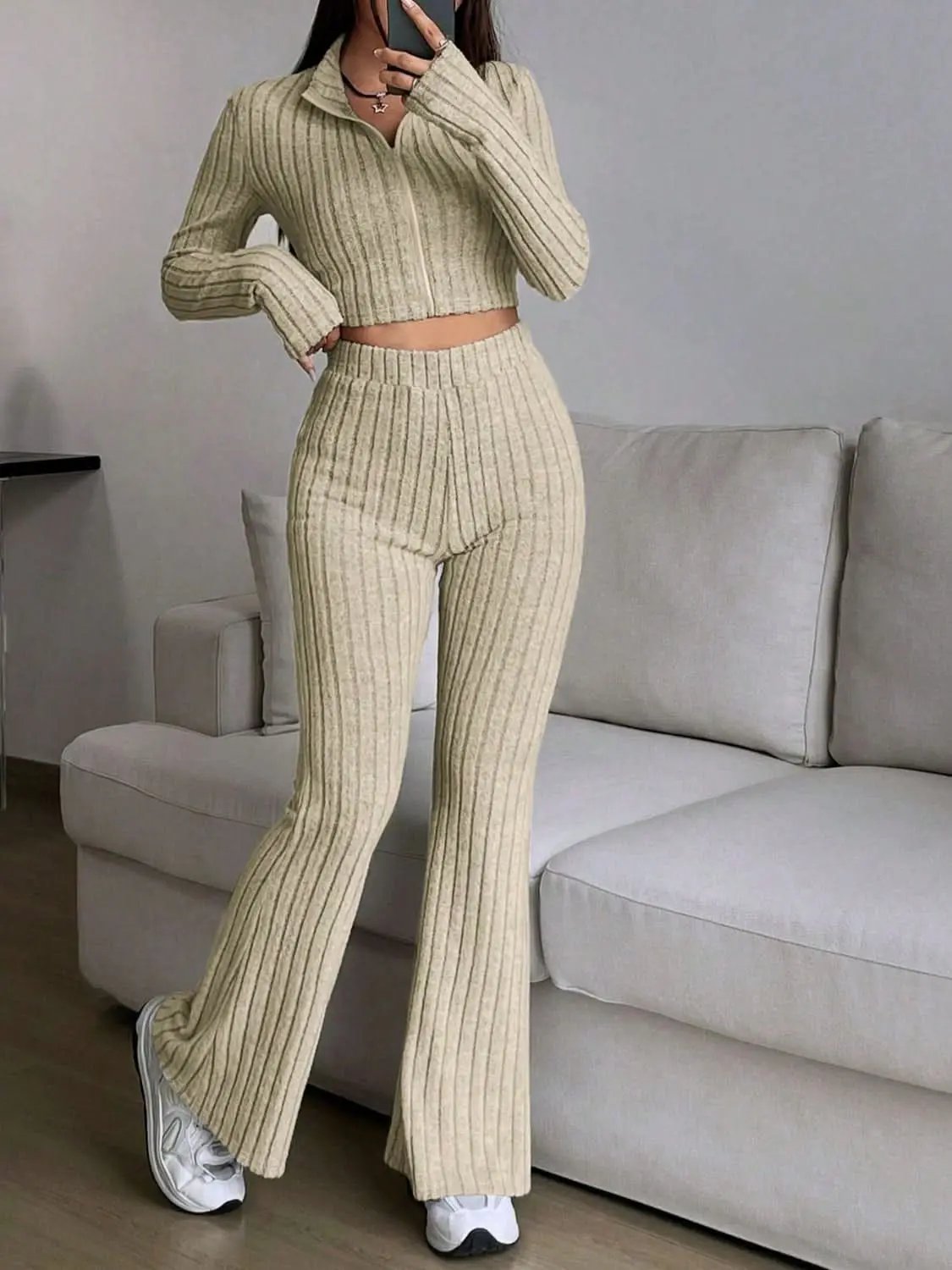 Two-Piece Sets Trendsi Cozy zip-up lounge set for women