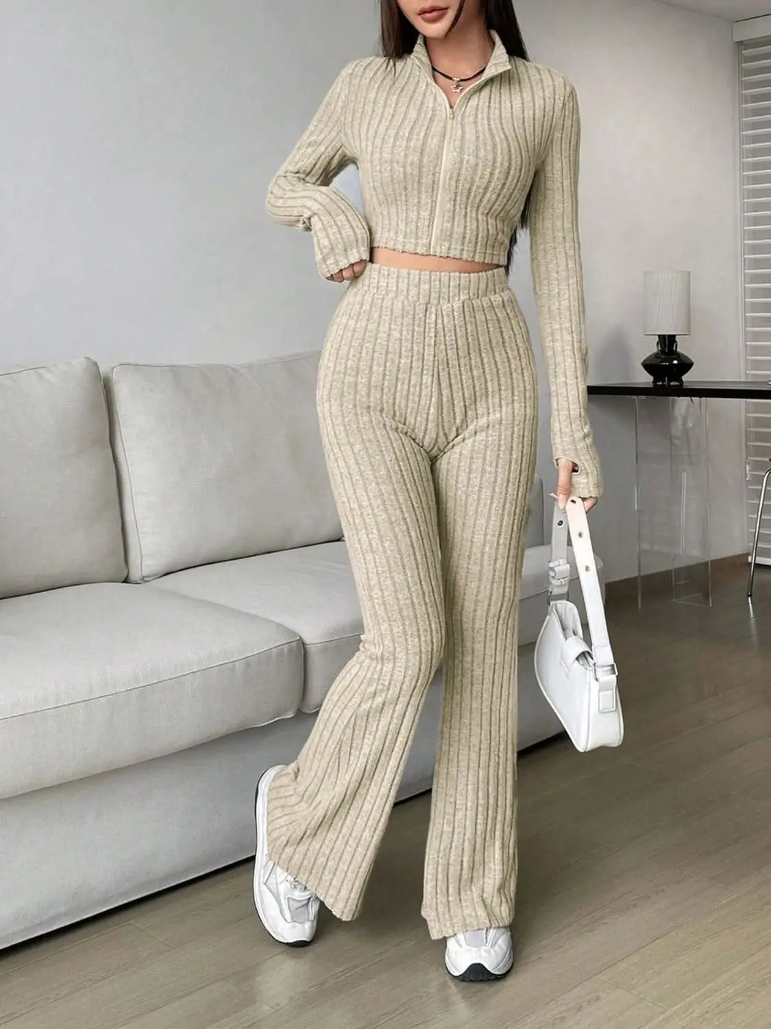 Two-Piece Sets Trendsi Cozy zip-up lounge set for women