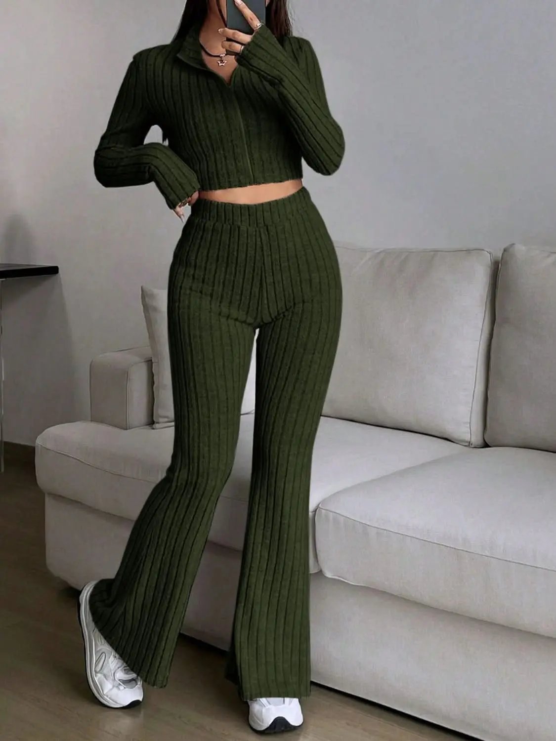 Two-Piece Sets Trendsi Cozy zip-up lounge set for women