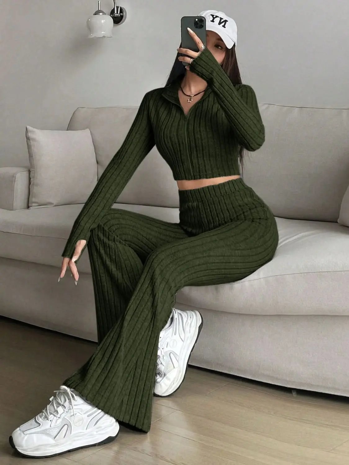 Two-Piece Sets Trendsi Cozy zip-up lounge set for women