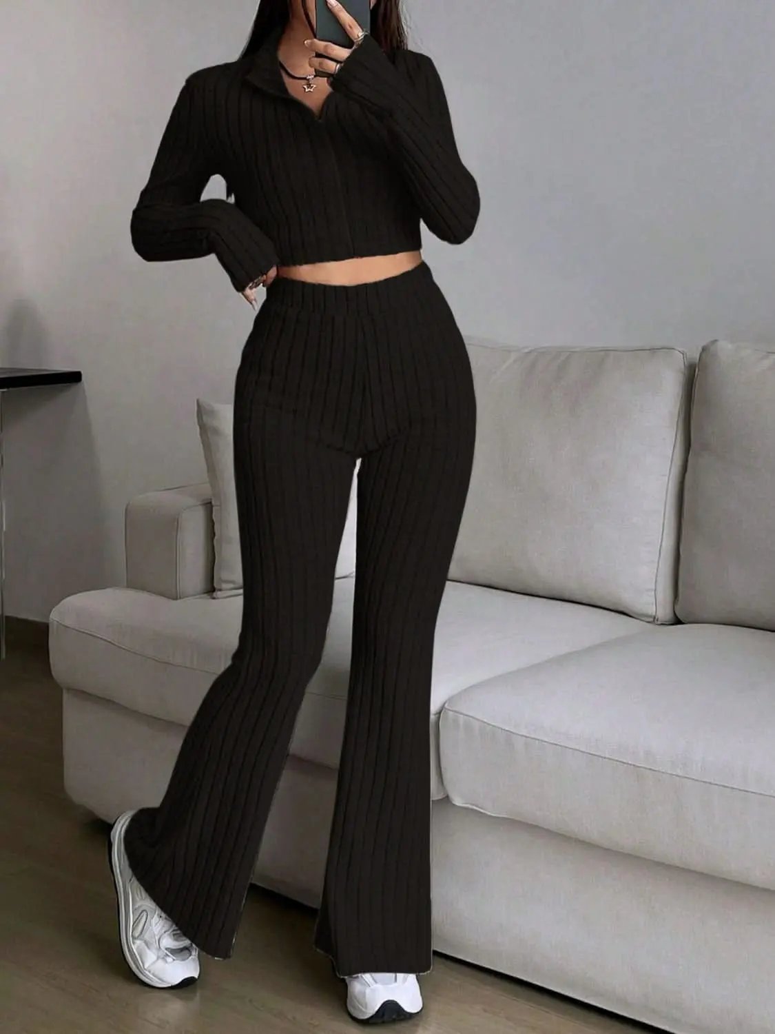 Two-Piece Sets Trendsi Cozy zip-up lounge set for women