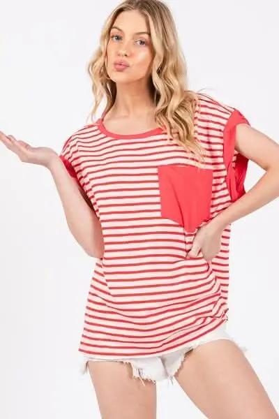 Camiseta casual de mujer a rayas - Aberturas laterales - Top casual de mujer