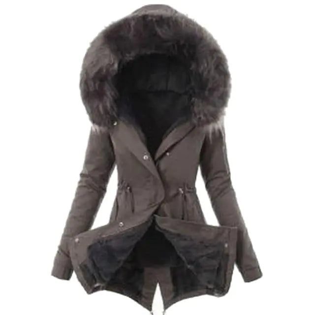 Casual Long Cotton Puffer Coat with Faux Fur Hood