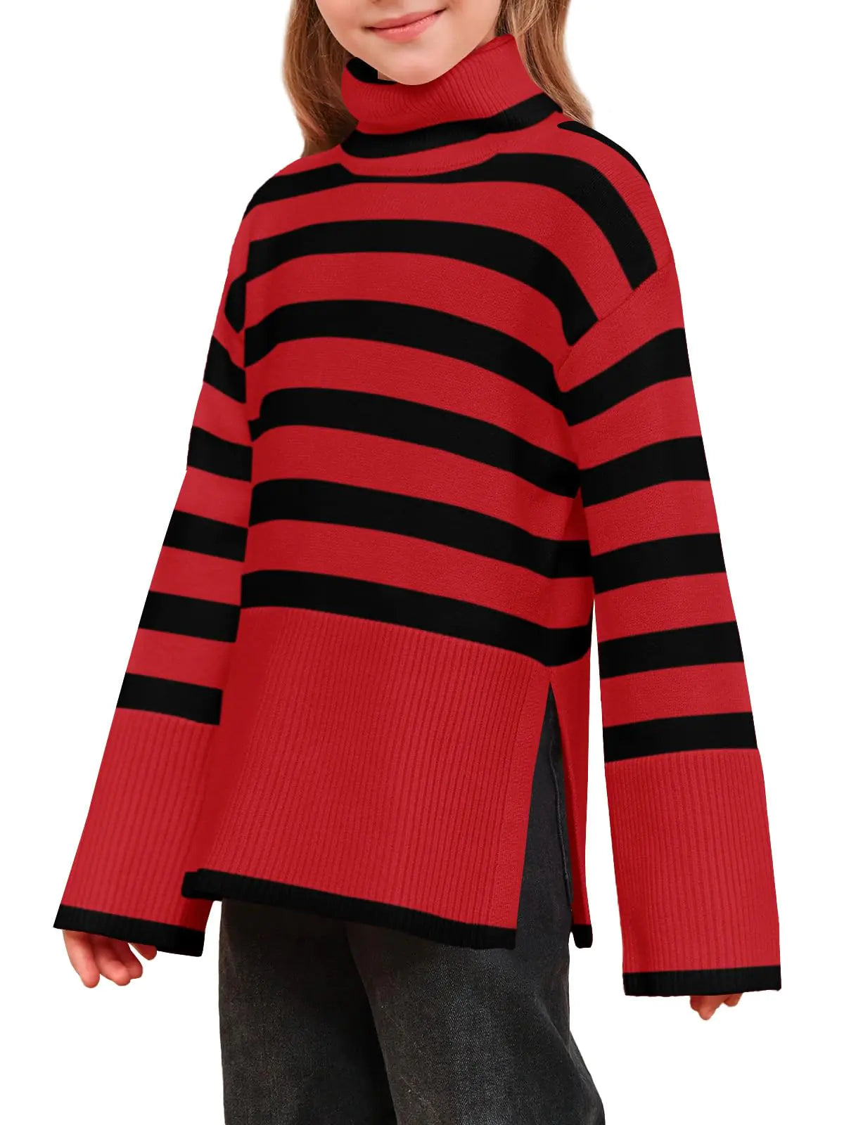 Meikulo Girls Striped Sweaters Kids Oversized Turtleneck Long Sleeve Pullover Knit Sweater Tops with Side Slit Red - 10-12 Years- # GIAA22210005