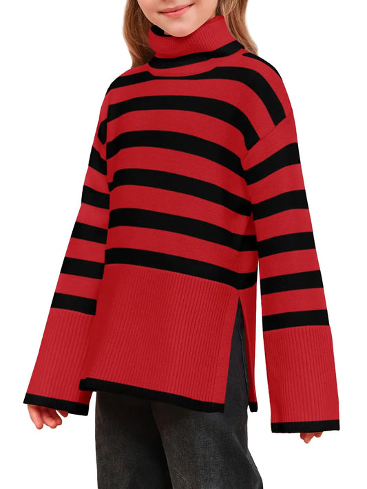 Meikulo Girls Striped Sweaters Kids Oversized Turtleneck Long Sleeve Pullover Knit Sweater Tops with Side Slit Red - 10-12 Years- # GIAA22210005