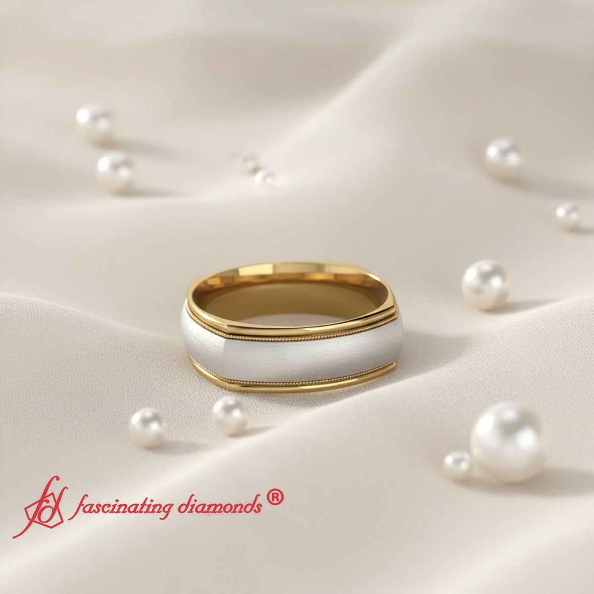 Two Tone Milgrain Square Mens Band Ring