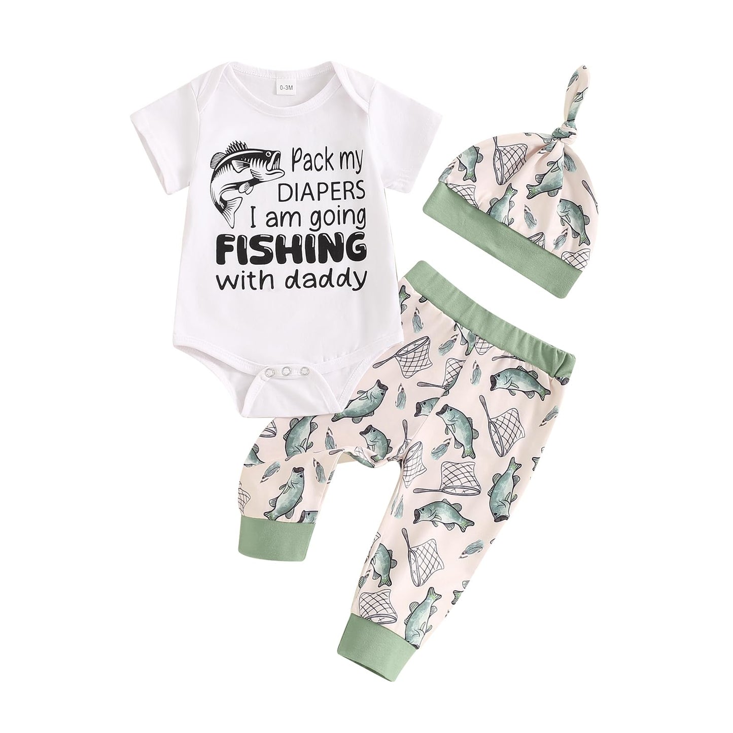 Twopumpkin | Infant Baby Boy Western Letter Romper and Long Pants | Newborn Coming Home Outfit | Cute Clothes Sets with Hat | Going Fishing with Daddy | 6-12 Months - # BAAA51210065