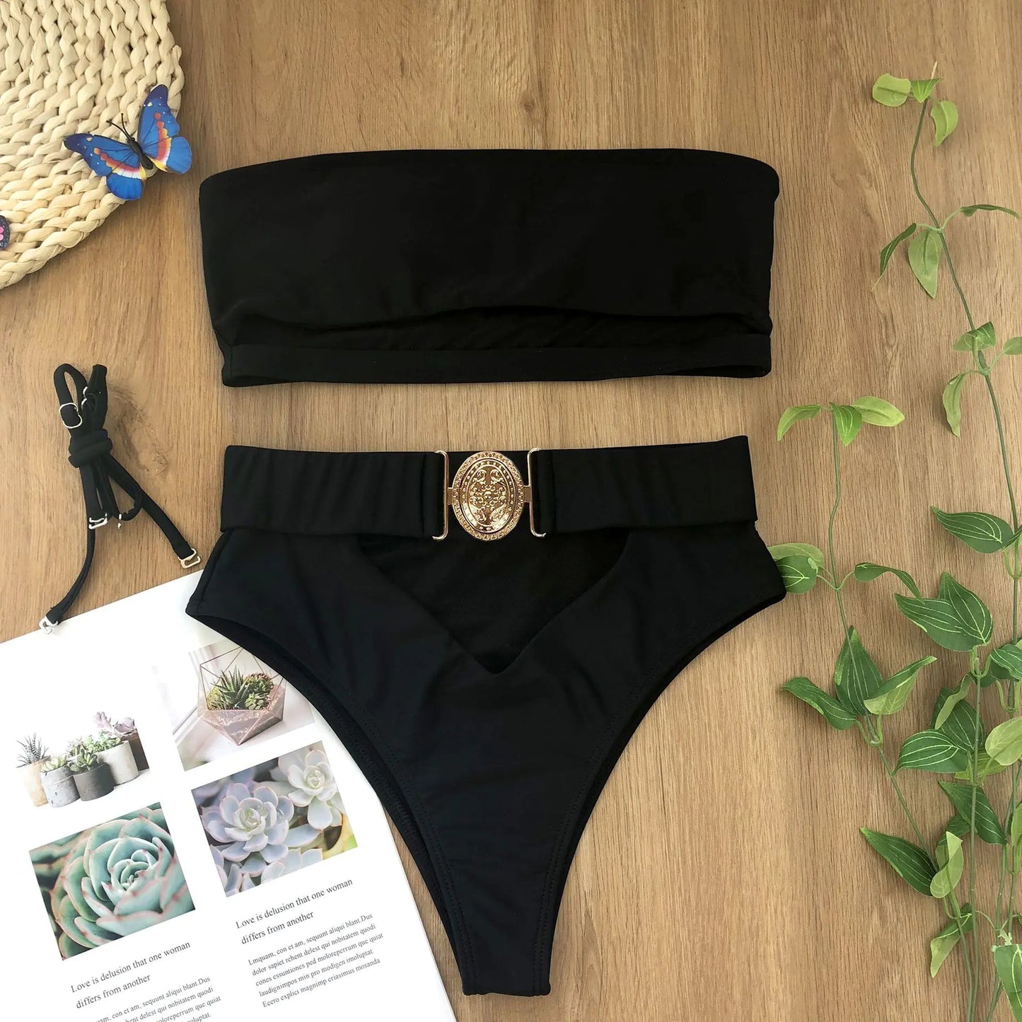 Chic Metal Buckle Strapless Bikini Swimsuit for Women