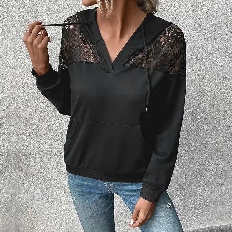 Women's Long Sleeve Black Hoodie for Autumn & Winter