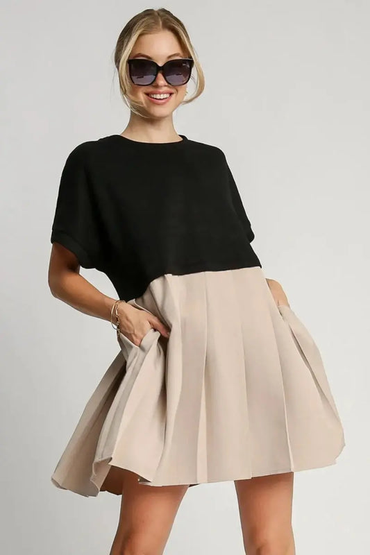 Dresses Trendsi Vestido plisado de cuello redondo para mujer, talla grande, informal, con bolsillos