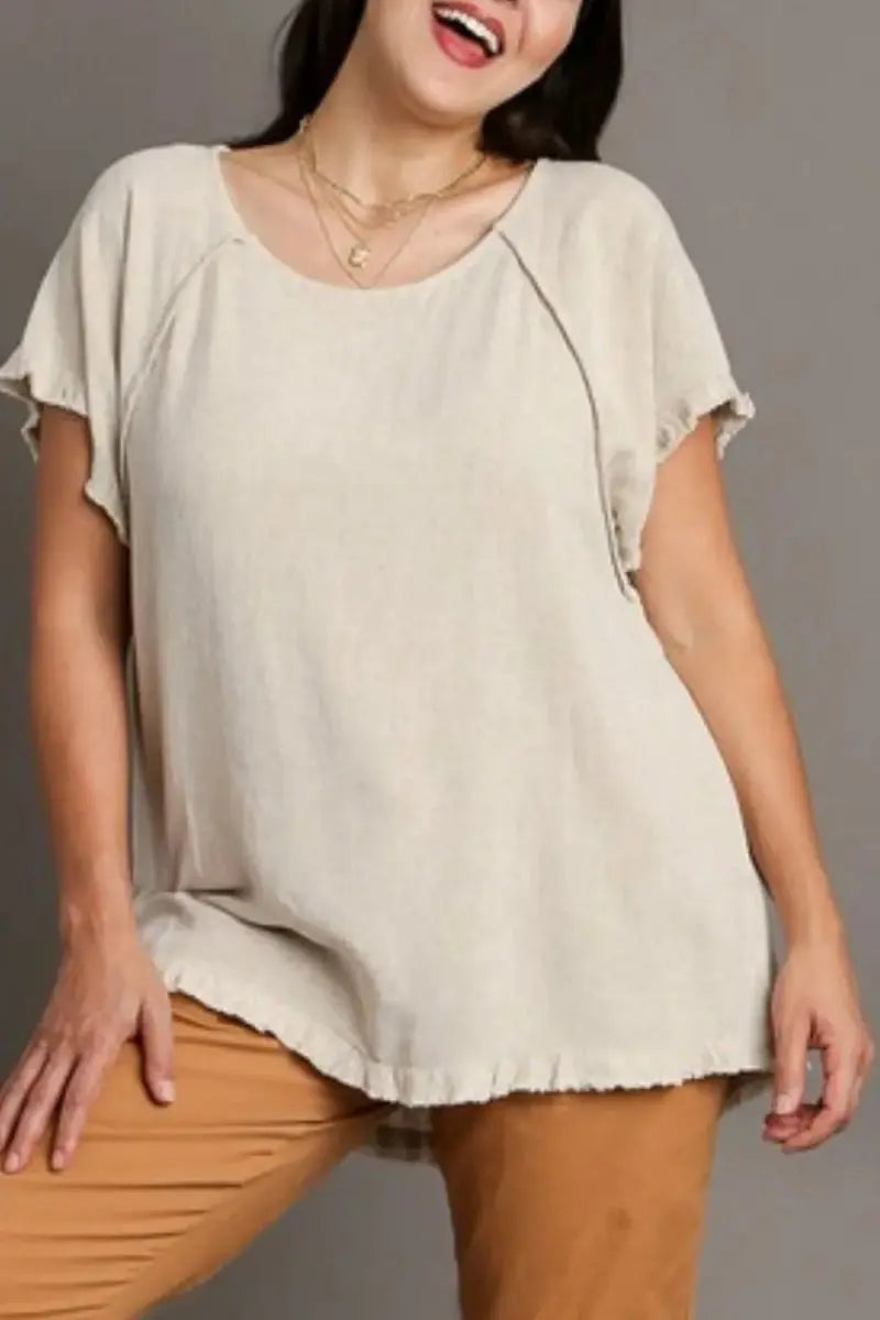 T-Shirts Trendsi Linen Ruffle Top Women's Plus Size Casual Tee USA Made, Comfy