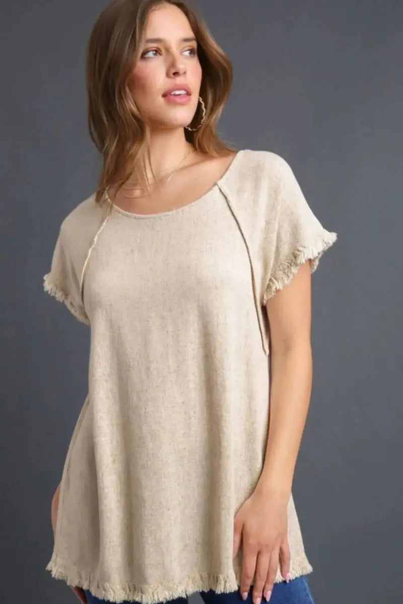 T-Shirts Trendsi Linen Ruffle Top Women's Plus Size Casual Tee USA Made, Comfy