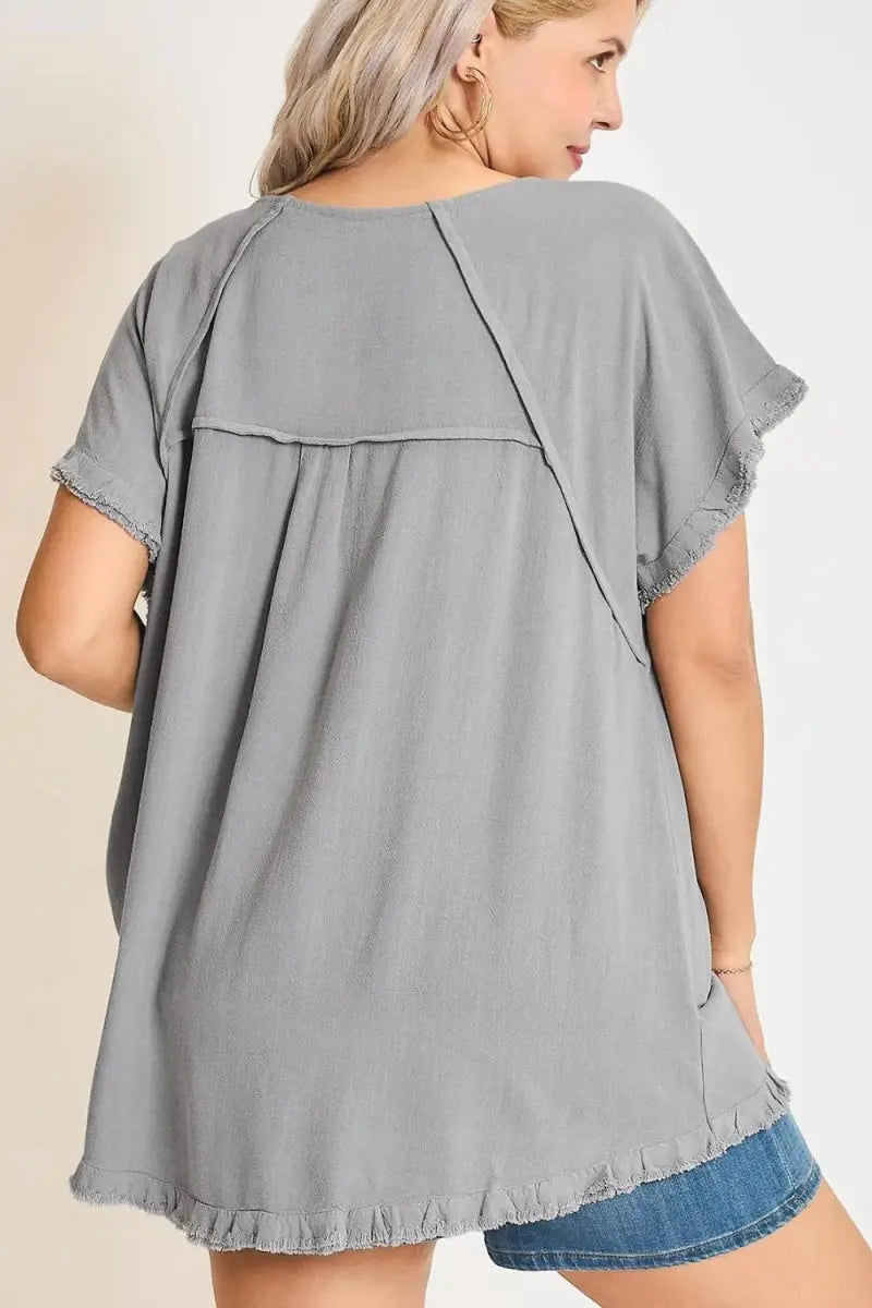 T-Shirts Trendsi Linen Ruffle Top Women's Plus Size Casual Tee Fringe Detail Comfy