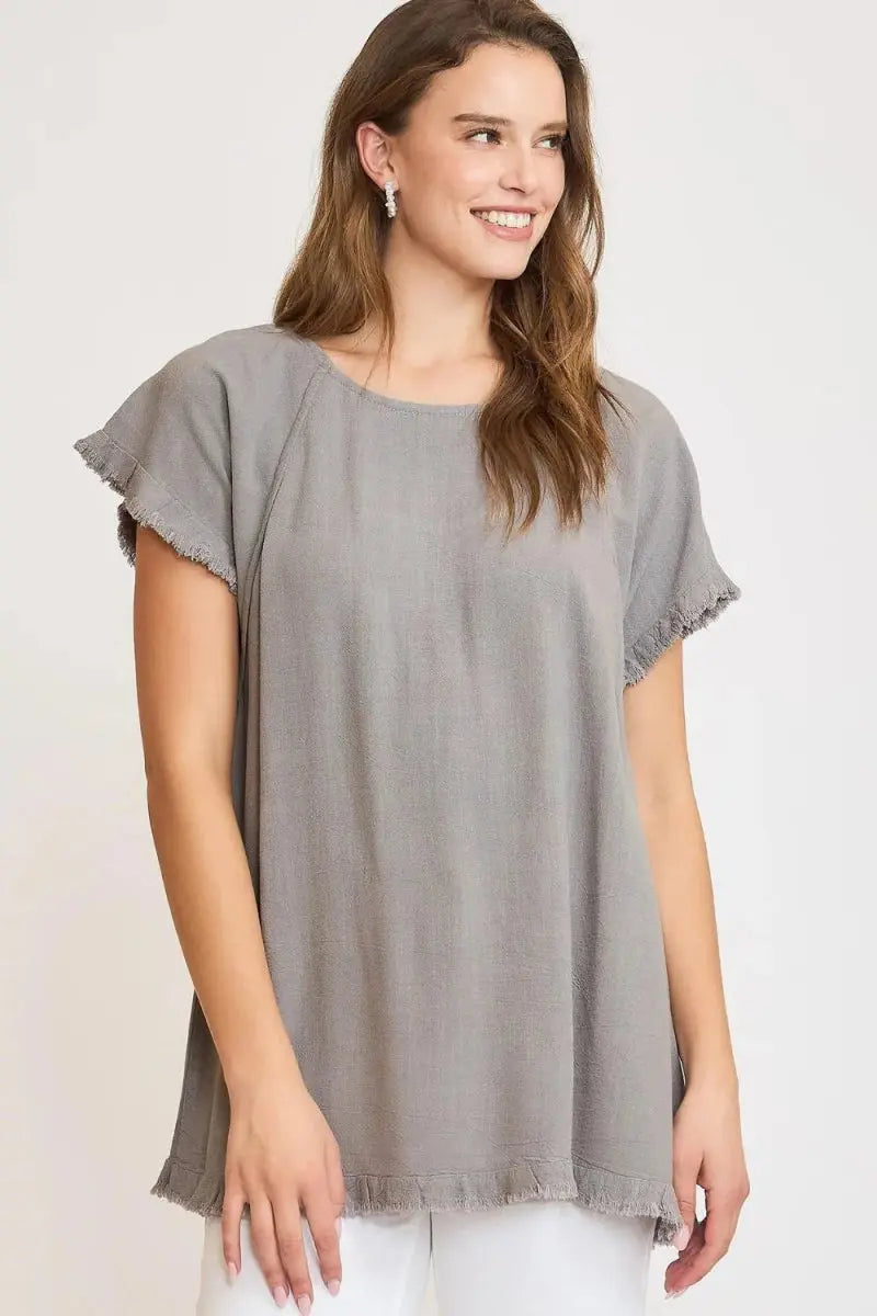 T-Shirts Trendsi Linen Ruffle Top Women's Plus Size Casual Tee Fringe Detail Comfy