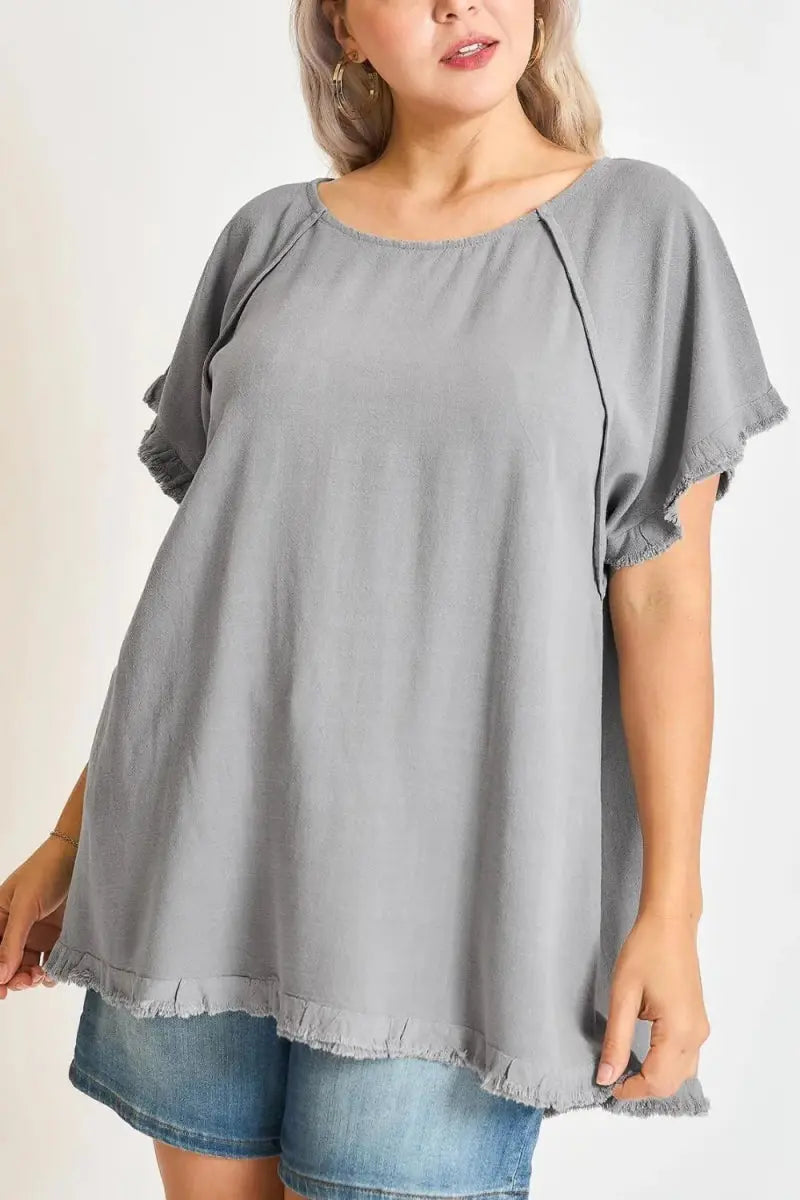 T-Shirts Trendsi Linen Ruffle Top Women's Plus Size Casual Tee Fringe Detail Comfy