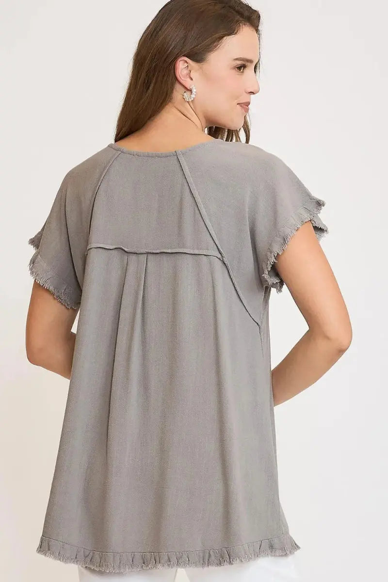 T-Shirts Trendsi Linen Ruffle Top Women's Plus Size Casual Tee Fringe Detail Comfy