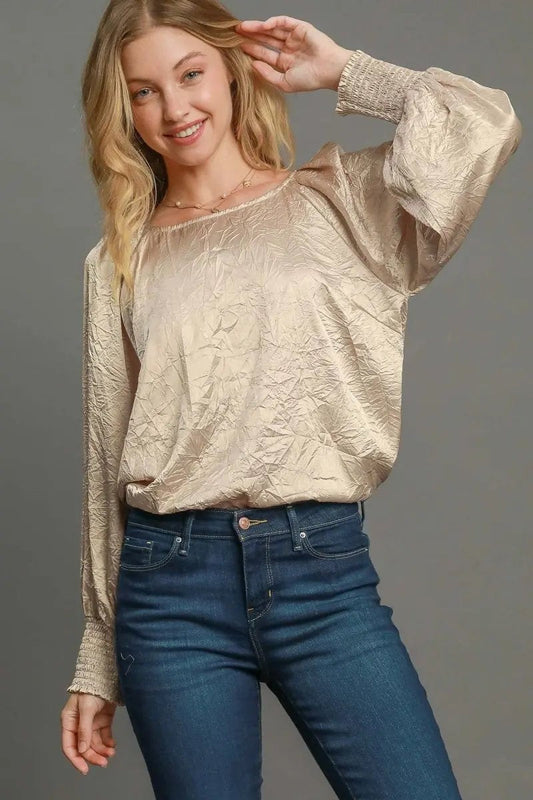 Trendsi Wrinkled Blouse Women's Casual Top USA Made Lantern Sleeve Shirt