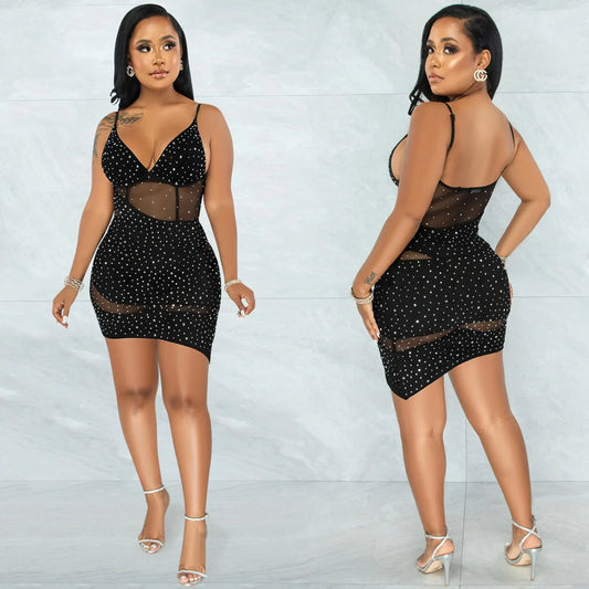 Vestido de tirantes irregular con diamantes brillantes para discoteca