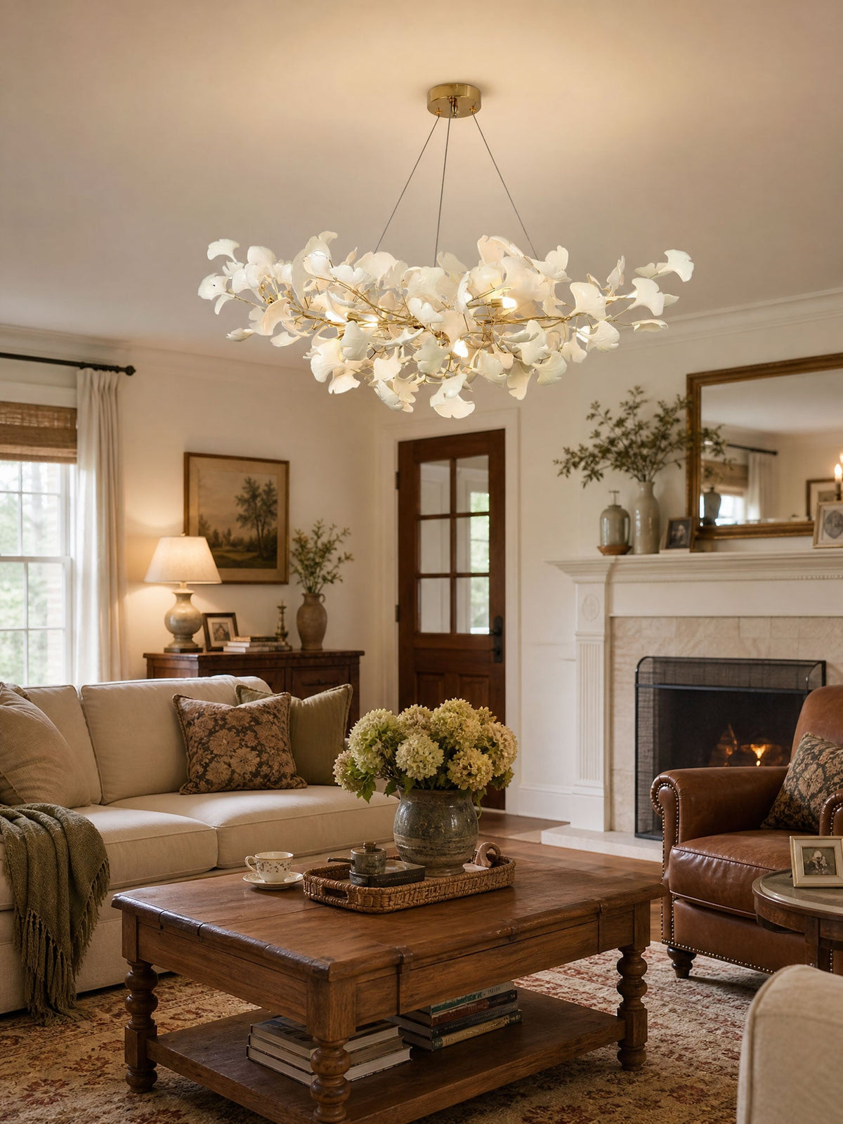 Porcelain Ginkgo Leaf Linear Chandelier with Flexible Branches | Dining Table Light