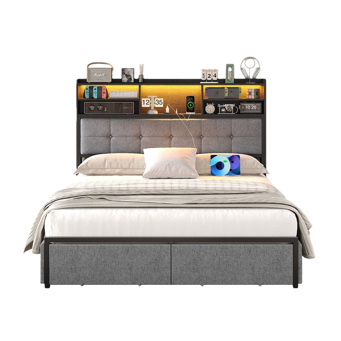 VektayaUS-BF011-BL Full/Queen/King Bed Frame with 6 Drawers, Easy Assembly, USB Charging, LED Headboard, No Box Spring Needed