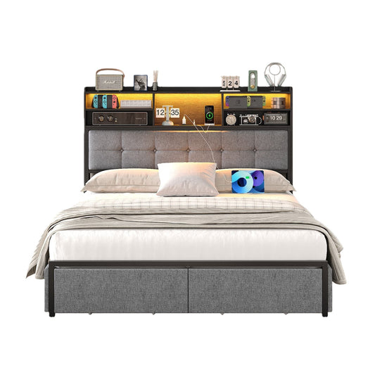 VektayaUS-BF011-BL Full/Queen/King Bed Frame with 6 Drawers, Easy Assembly, USB Charging, LED Headboard, No Box Spring Needed