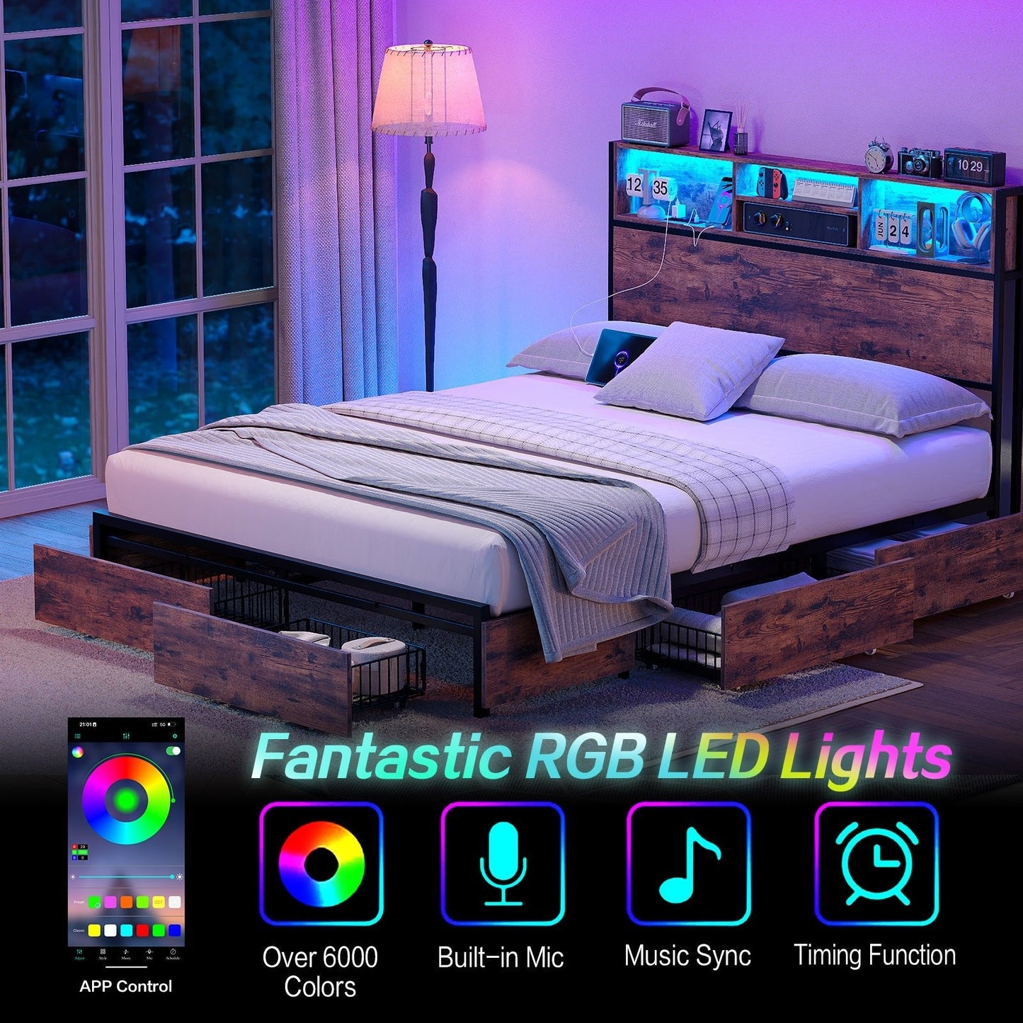 Vektaya US-BF012-BR Full/Queen/King Bed Frame with LED Headboard, Charging Ports, 6 Storage Drawers, Shelf, Easy Assembly, No Box Spring Needed