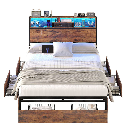 Estructura de cama Vektaya US-BF012-BR tamaño Full/Queen/King con cabecero LED, puertos de carga, 6 cajones de almacenamiento, estante, fácil montaje, no necesita somier