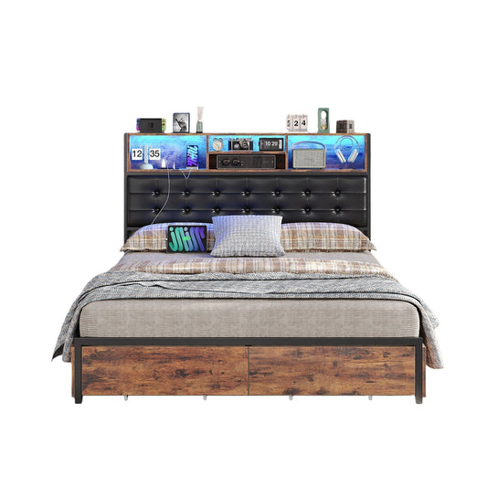 Base de cama Vektaya US-BF013-BR matrimonial/queen/king con cabecero LED RGB, carga, 6 cajones, tapizada, resistente, fácil montaje, sin necesidad de somier