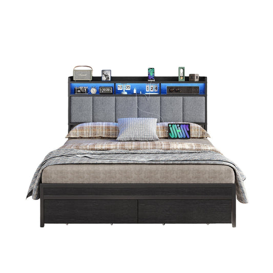 Vektaya US-BF016-BL Estructura de Cama Matrimonial/Queen con Cabecero RGB LED, Estación de Carga, 2 Cajones, 2 Puertos USB y 2 Tomas de CA, Fácil Montaje, Sin Necesidad de Somier, Negro