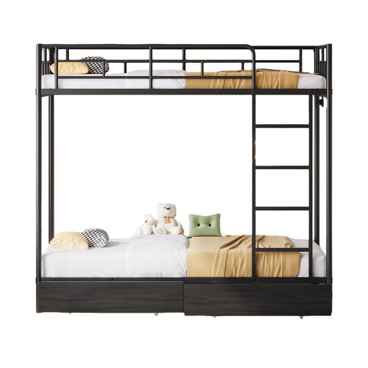 Vektaya US-BF018-BL Litera Metálica Doble/Matrimonial con LED, Estación de Carga, 2 Cajones, Barandillas de Seguridad y Escalera, Sin Somier, Negro