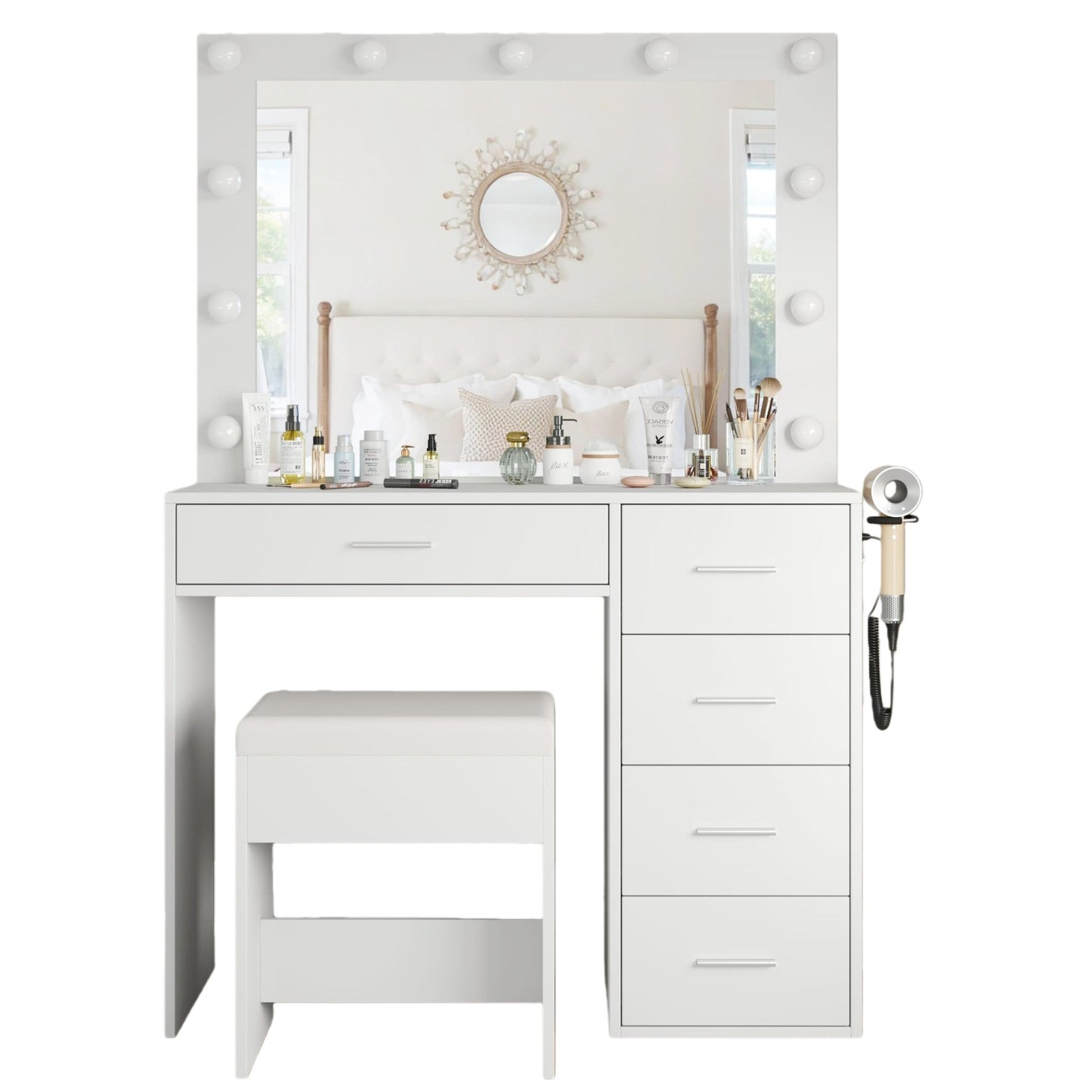 Vektaya US-VD001 Bedroom Makeup Vanity desk with LED Mirror, 5 Drawers