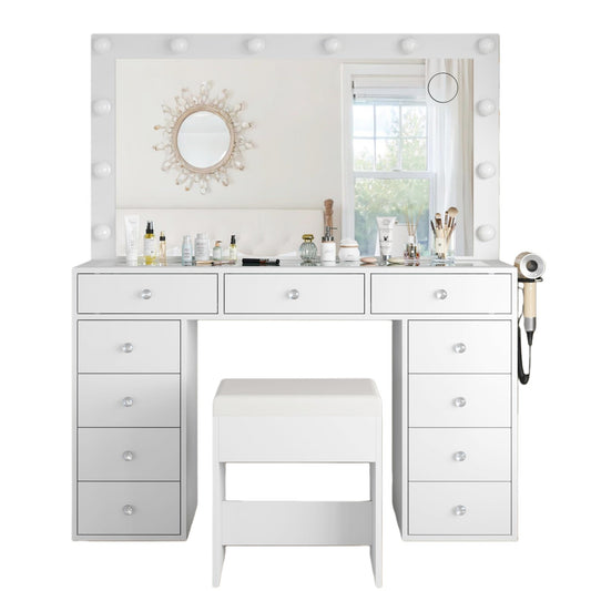 Vektaya US-VD003 Tocador de maquillaje para dormitorio con espejo LED, 11 cajones
