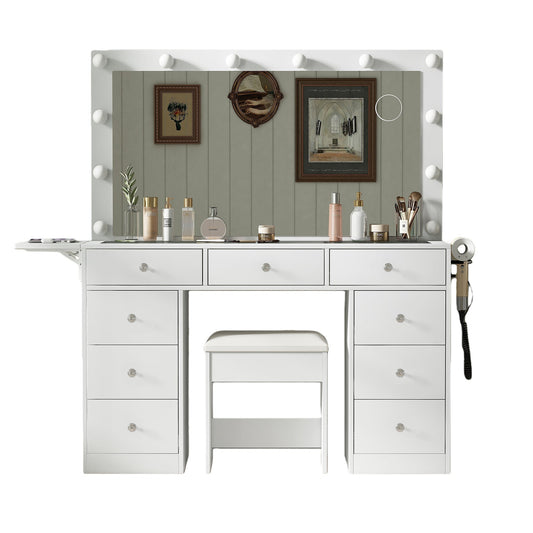 Vektaya US-VD007 Escritorio tocador de maquillaje para dormitorio con espejo LED, 9 cajones