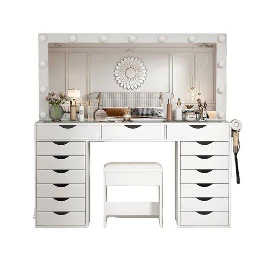 Tocador de maquillaje Vektaya US-VD008 con espejo LED, 15 cajones
