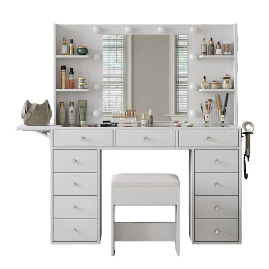 Vektaya US-VD010 Bedroom Makeup Vanity desk with LED MirrorLED Mirror, 11 Drawers