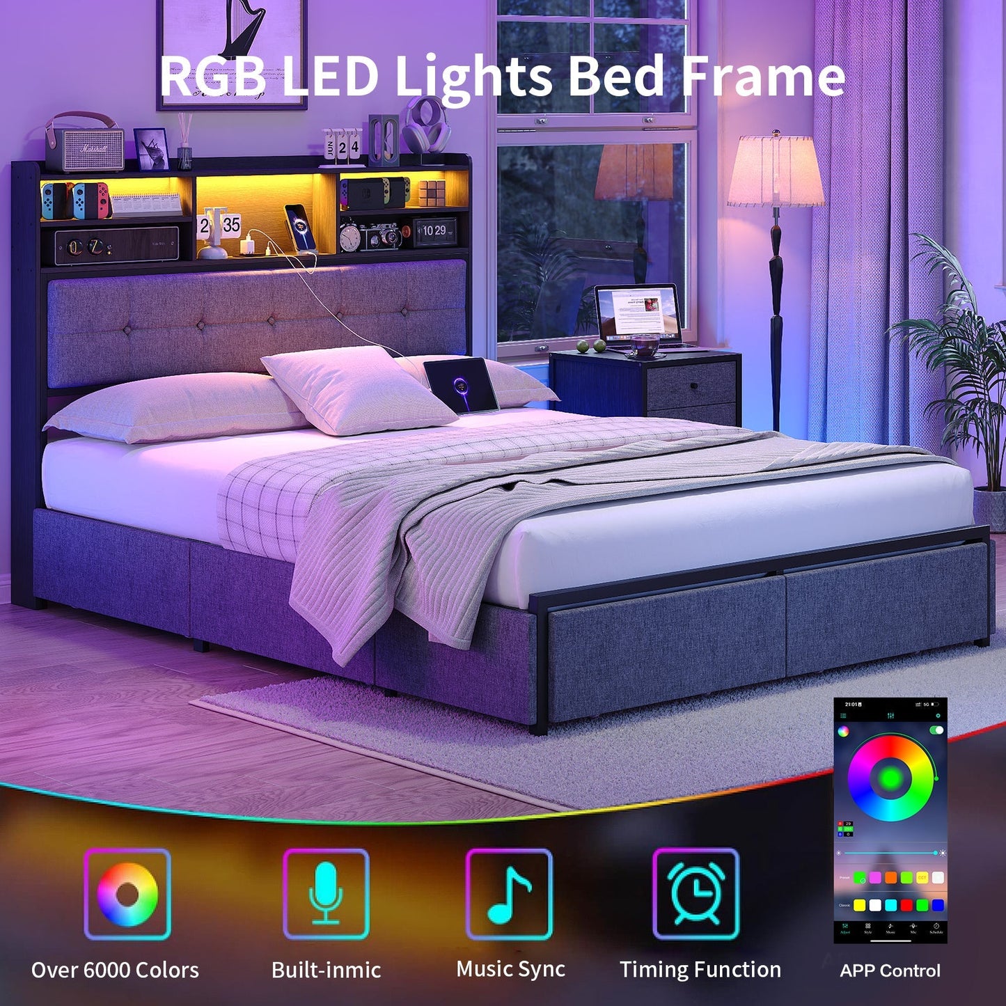 VektayaUS-BF011-BL Full/Queen/King Bed Frame with 6 Drawers, Easy Assembly, USB Charging, LED Headboard, No Box Spring Needed