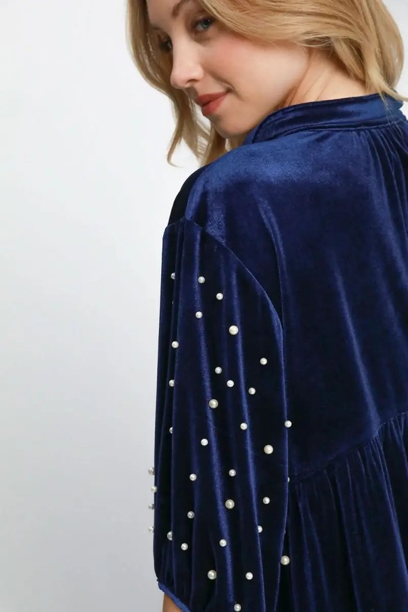 Pants Trendsi Velvet Babydoll Blouse Women's Party Top Pearl Collar Detail