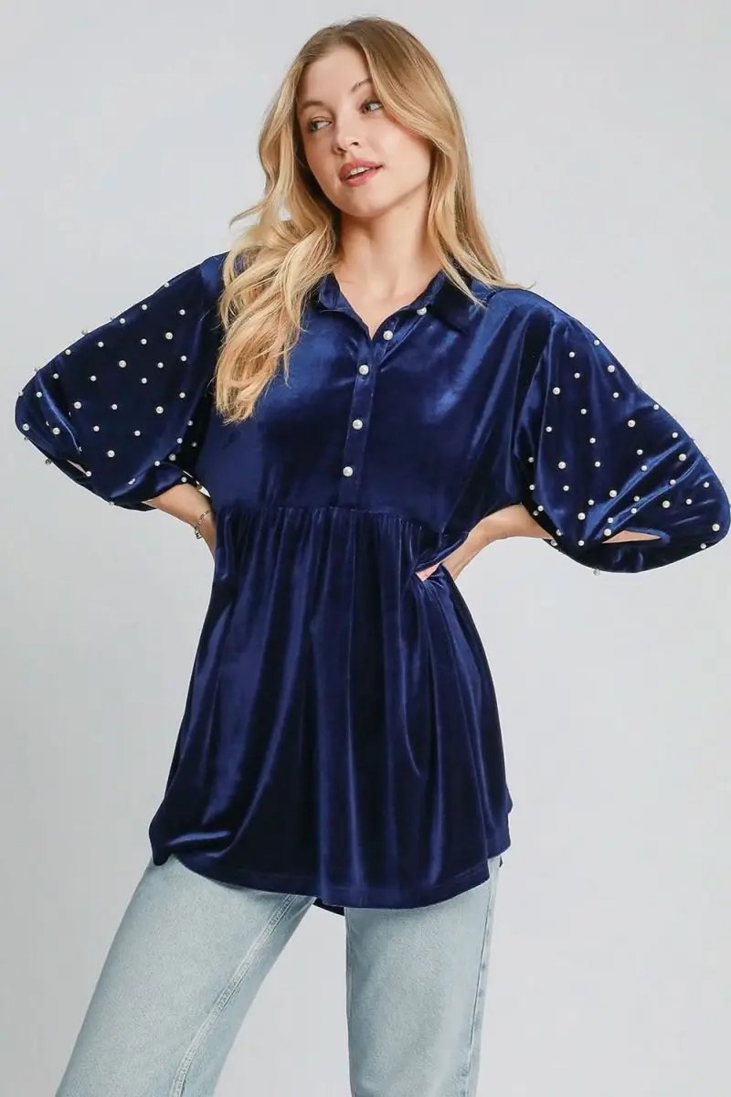 Pants Trendsi Velvet Babydoll Blouse Women's Party Top Pearl Collar Detail