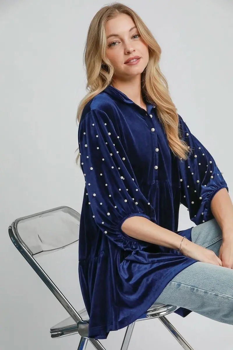 Pants Trendsi Velvet Babydoll Blouse Women's Party Top Pearl Collar Detail