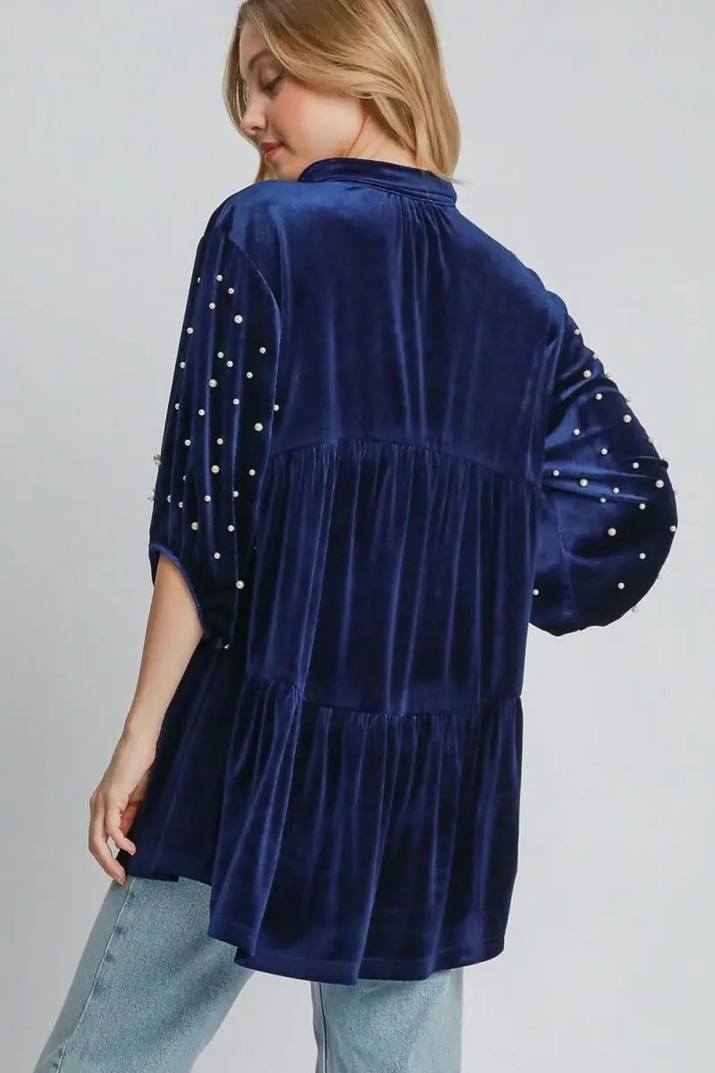 Pants Trendsi Velvet Babydoll Blouse Women's Party Top Pearl Collar Detail