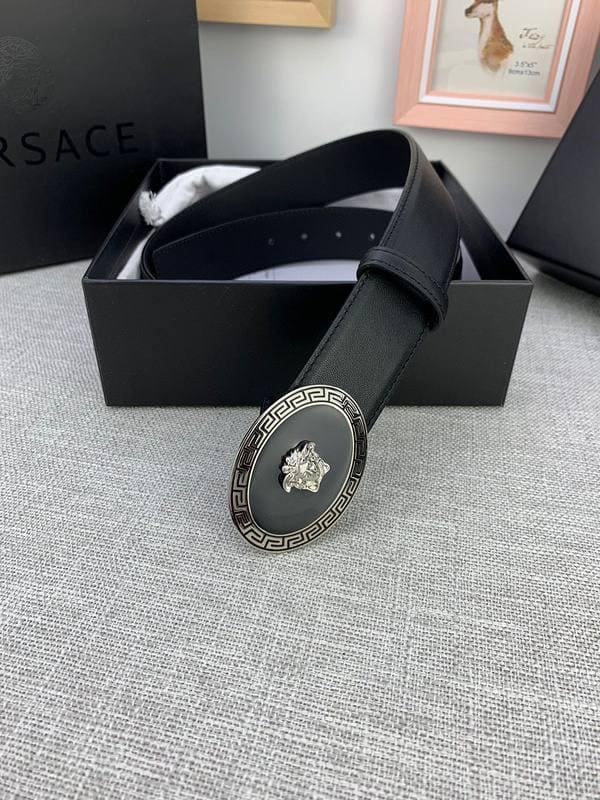 Versace Black Leather Vitello Belt Silver Medallion Buckle