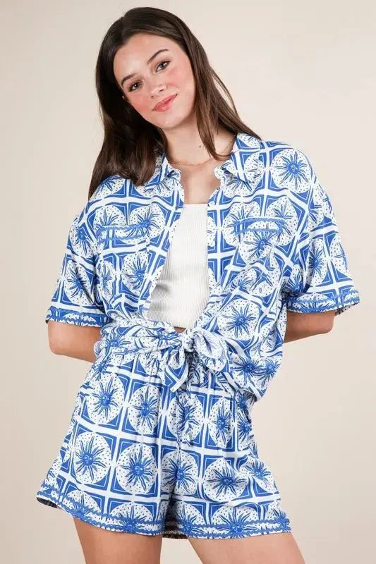 Women's Plus Size Sets Women's Plus Size Shirt & Shorts Set - Tropical Print - Summer Casual