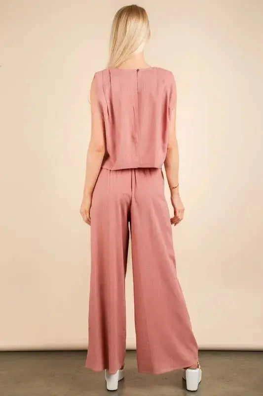 Women's Woven Matching Set Woven Top & Pants Set - Comfortable - Two-Piece Outfit